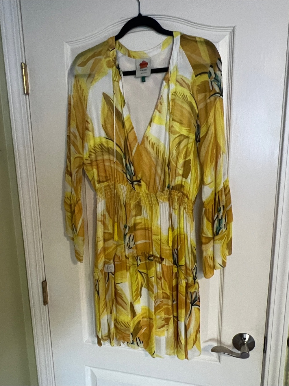 FARM Rio Yellow Floral V-Neck Long-Sleeve Dress